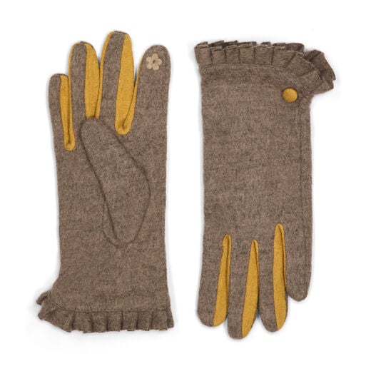 Grey and yellow frill wool gloves