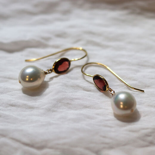 Garnet and pearl hook earrings by Mounir