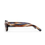 The side of a pair of sunglasses with a marbled brown and grey frame