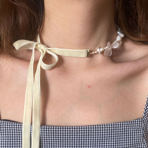 White hydrangea pearl ribbon necklace by Cherie Jewels