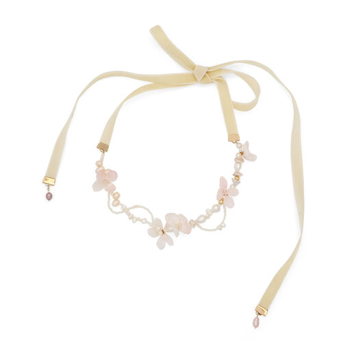 White hydrangea pearl ribbon necklace by Cherie Jewels