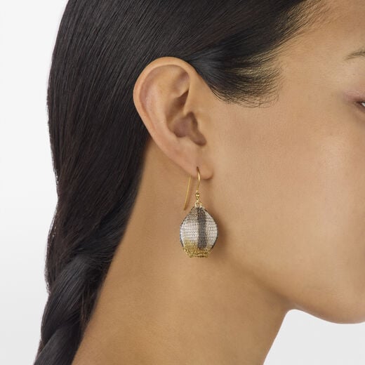 Stripe bellflower wire mesh hook earrings by Milena Zu