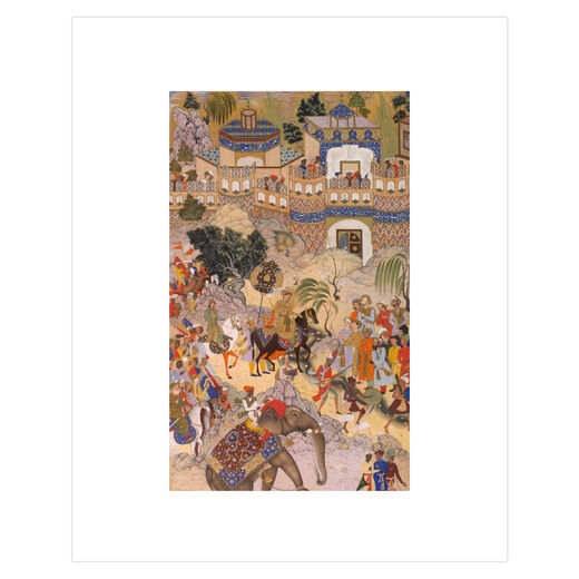 A dynamic scene in watercolour showing an ornately decorated city and an approaching army riding horses and elephants 