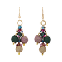 A pair of hook earrings with a cluster of pink, green and beige fabric beads. 