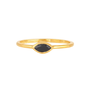 A dainty gold ring with a small marquise cut black stone.