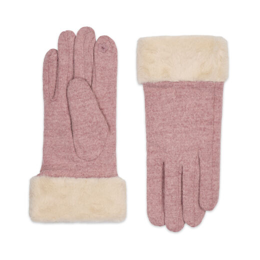 A pair of dark green purple gloves with a suede finish, featuring a wide faux fur cuff topped with a delicate bow.