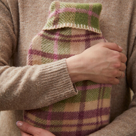 Pink and green check wool hot water bottle cover