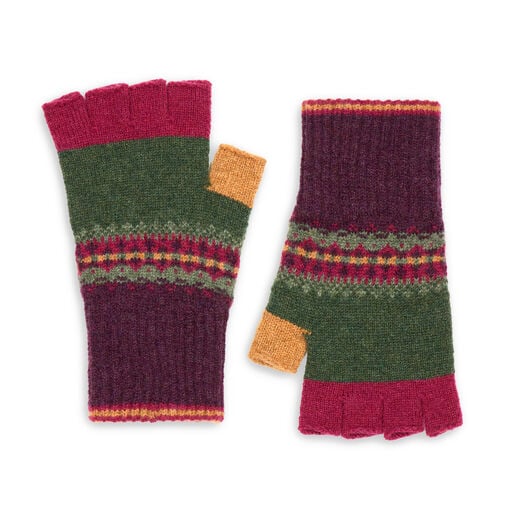 Green and purple fingerless wool gloves
