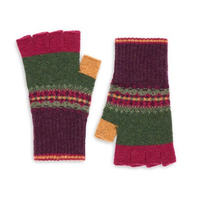 Green and purple fingerless wool gloves