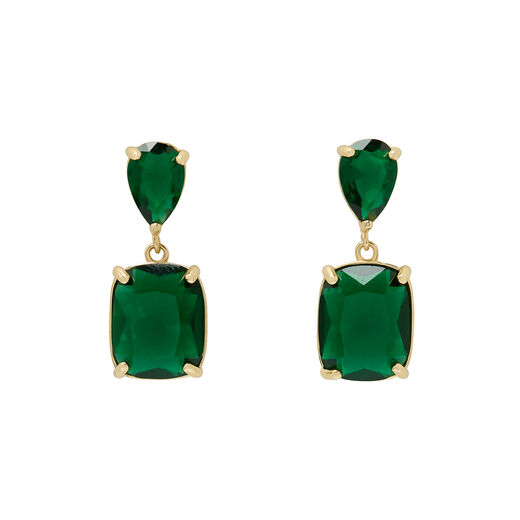 A pair of drop earrings featuring a square glass gem pendant descending from a teardrop shaped stud, encapsulated in a golden metal frame.