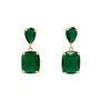 A pair of drop earrings featuring a square glass gem pendant descending from a teardrop shaped stud, encapsulated in a golden metal frame.