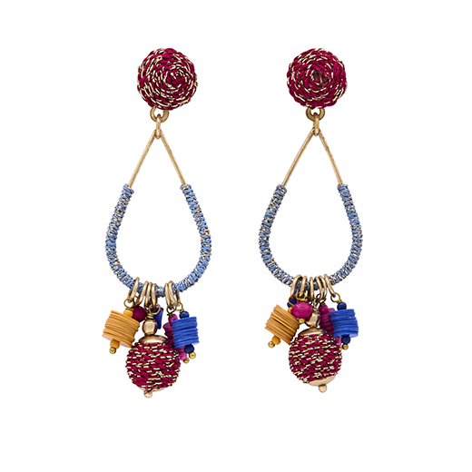 A pair of colourful hook earrings featuring a cluster of red, blue and pink fabric beads.