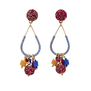 A pair of colourful hook earrings featuring a cluster of red, blue and pink fabric beads.
