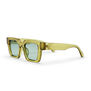A pair of boxy sunglasses with green frame and lenses.