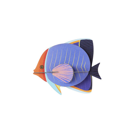A cardboard fish shaped 3D wall art. The fish is blue, purple and red.