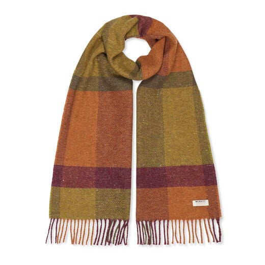 Orange and lime plaid recycled merino wool scarf