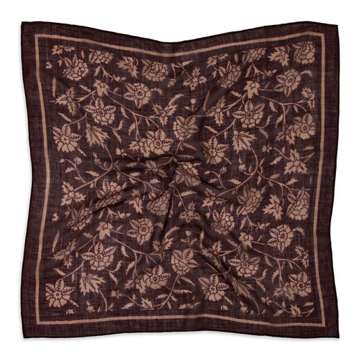 Lightweight wool square scarf with delicate foliage pattern in purple warm tones