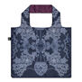 A large square tote bag featuring an intricate illustration of jewellery on a navy blue background.
