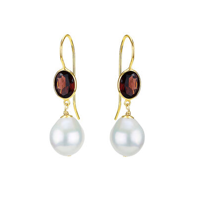 Garnet and pearl hook earrings by Mounir