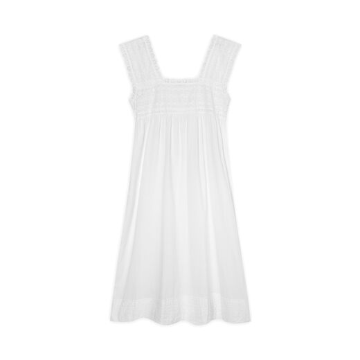 White cotton nightdress featuring a flattering square neckline and embroidered bodice and sleeves.