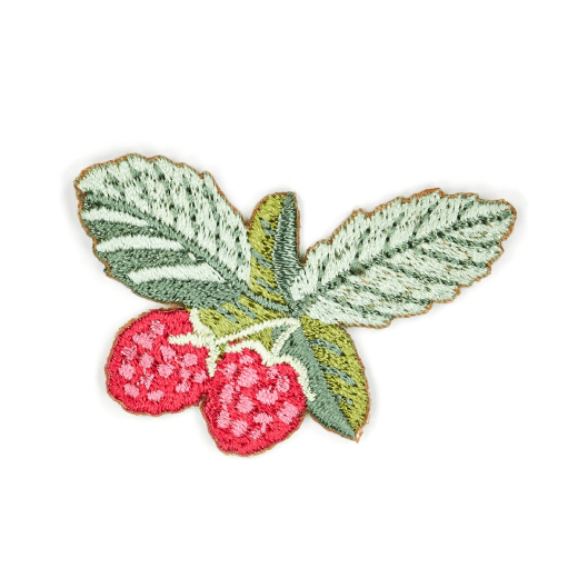 An embroidery patch in the shape of a bunch of red raspberries on a branch with three leaves.