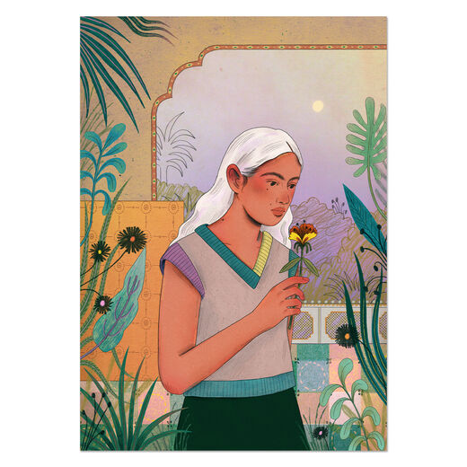 A mixed digital and traditional media illustration of a wistful woman with white hair holding a flower in a garden