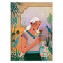 A mixed digital and traditional media illustration of a wistful woman with white hair holding a flower in a garden