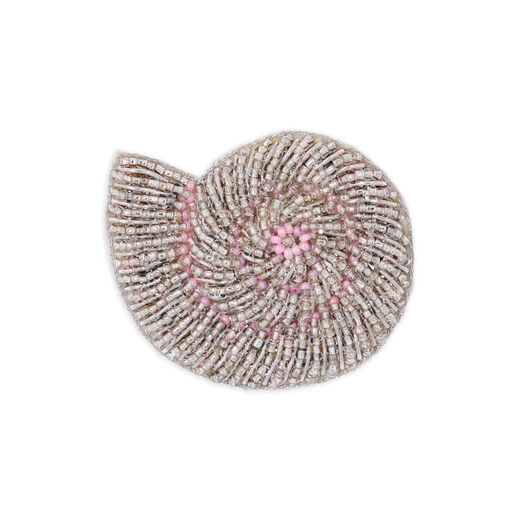 Shell-shaped brooch with silver, gold, and pink beadwork and textured finish.