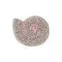 Shell-shaped brooch with silver, gold, and pink beadwork and textured finish.