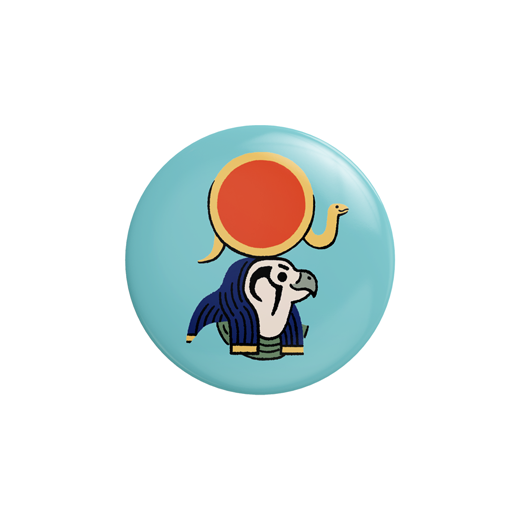 A blue button badge featuring a cartoonish illustration of the Egyptian god Ra.