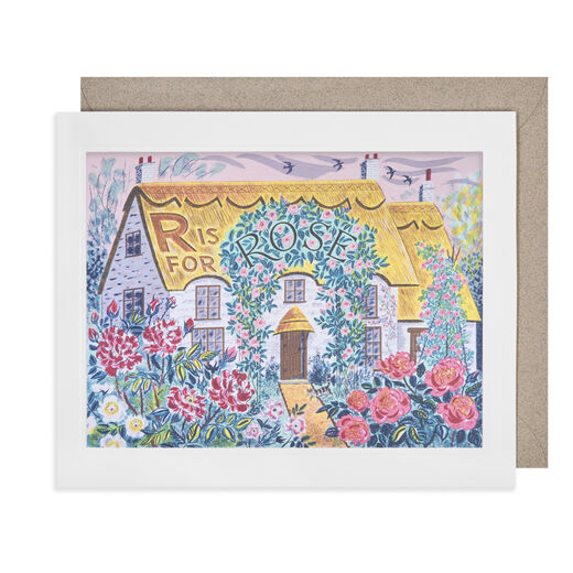 Greeting card designed by Emily Sutton, illustrating a cottage surrounded by colourful rose plants