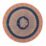 The back of a beret with a blue, green, and yellow pattern.