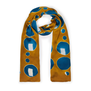 A yellow and blue scarf wrapped up on a white background.