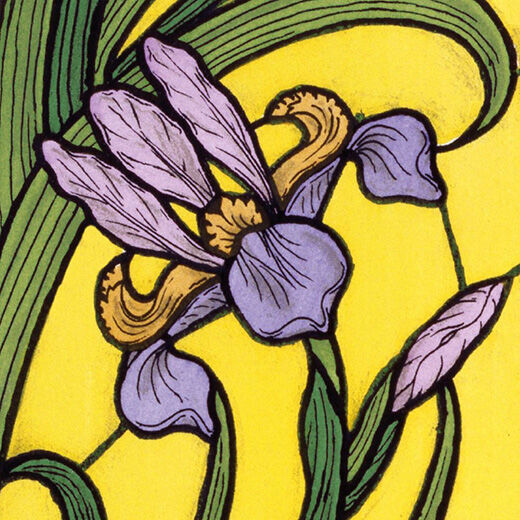 An illustration featuring a purple iris on a bright yellow background.