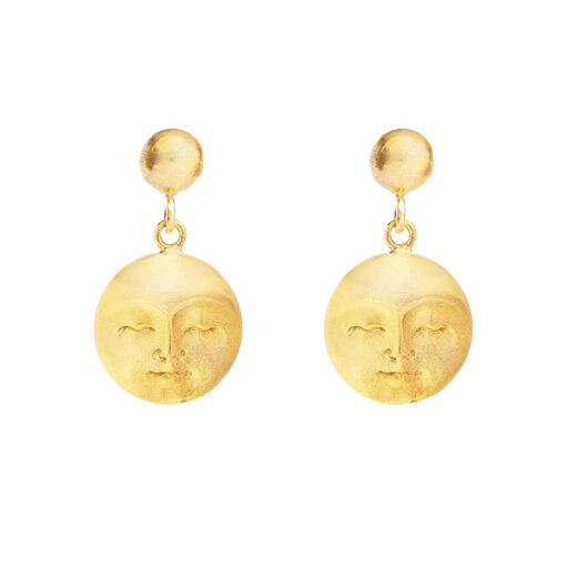 A pair of gold earrings featuring pendants in the shape of serene moon faces.