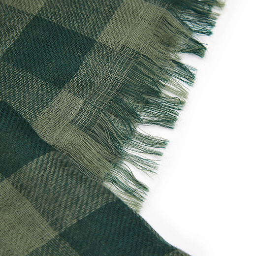 A close up of a checkered green scarf.