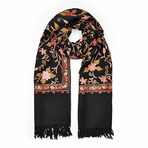 Black embroidered wool scarf