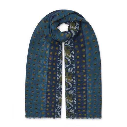 Blue floral wool blend scarf
