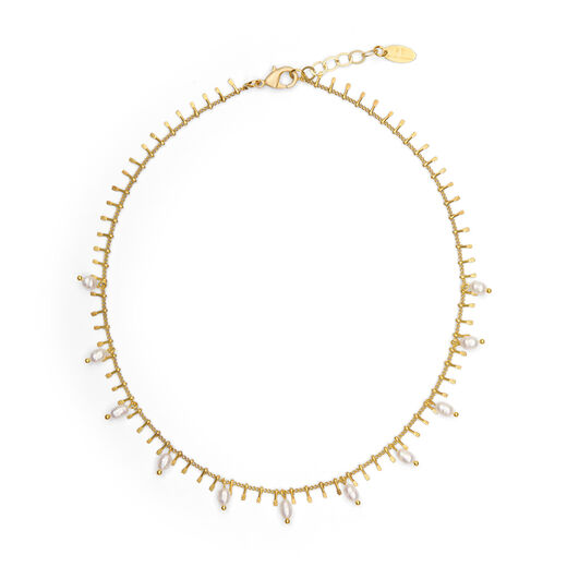 Gold necklace with white pearls.