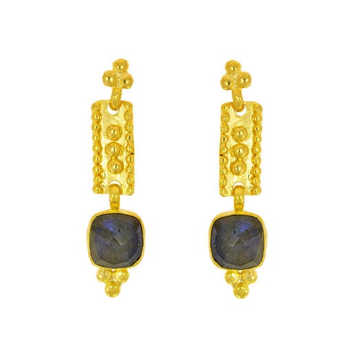 A pair of gold earrings featuring square iridescent labradorite stones.