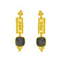 A pair of gold earrings featuring square iridescent labradorite stones.