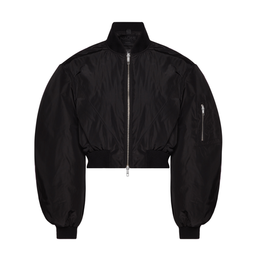 A black bomber jacket appears to float on a white background. It features oversized cocoon sleeves and silver zip at the front.