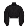 A black bomber jacket appears to float on a white background. It features oversized cocoon sleeves and silver zip at the front.