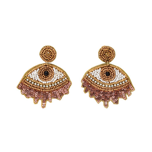 Beaded eye stud earrings with crystal accents and sequin lashes