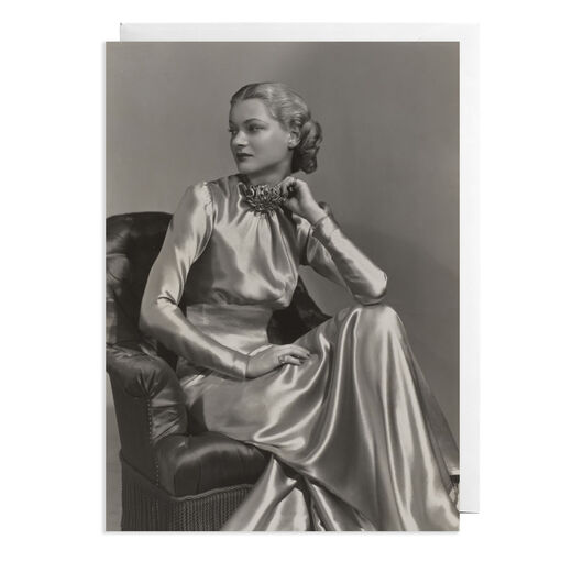 Greeting card featuring a model wearing an elegant evening gown