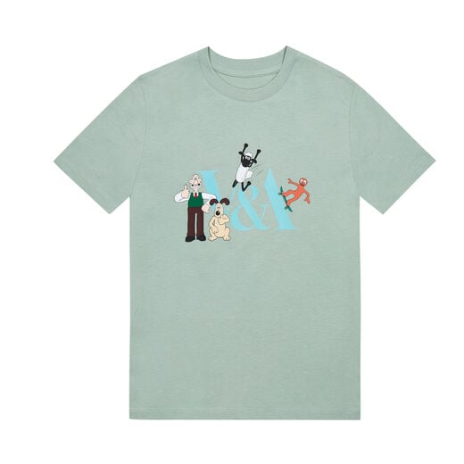 Mint green kids t-shirt with Aardmans characters gathering around the V&A logo