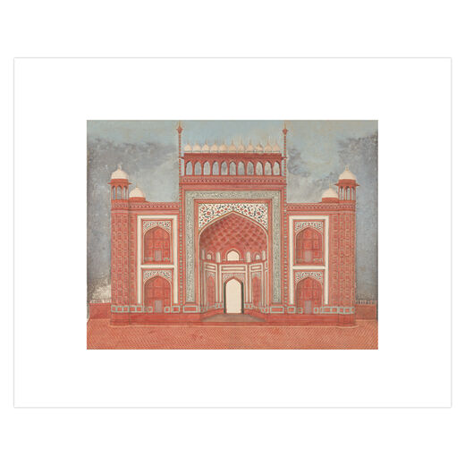 A bold red and white architectural illustration of great arched gateways of the Taj Mahal in Agra 