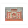 A bold red and white architectural illustration of great arched gateways of the Taj Mahal in Agra 