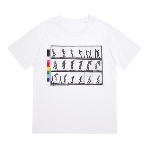 A white t-shirt with a front print featuring a grid of black and white photos of a man jumping.