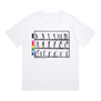 A white t-shirt with a front print featuring a grid of black and white photos of a man jumping.